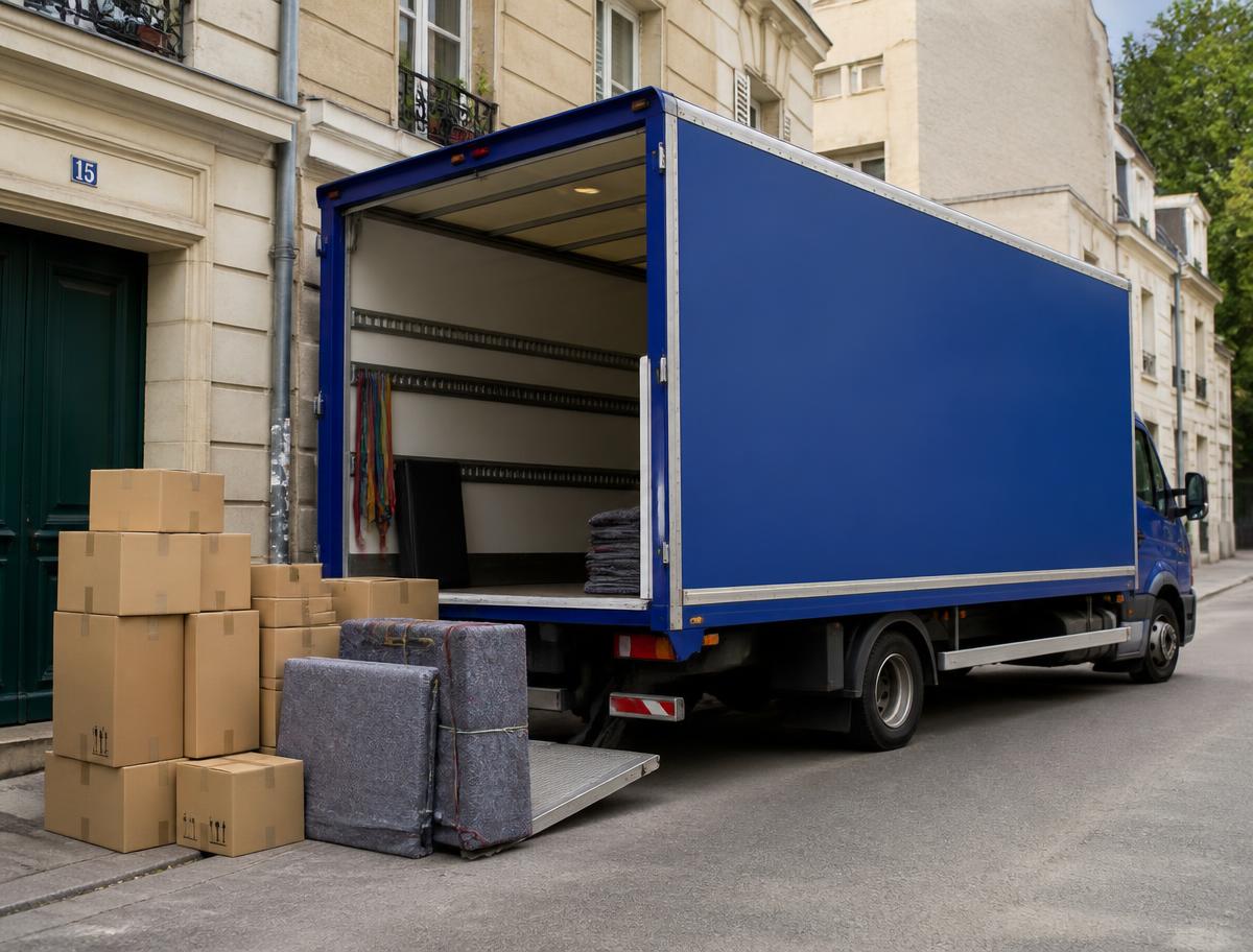 Camion de déménagement bleu devant une maison, cartons et meubles protégés sur le trottoir