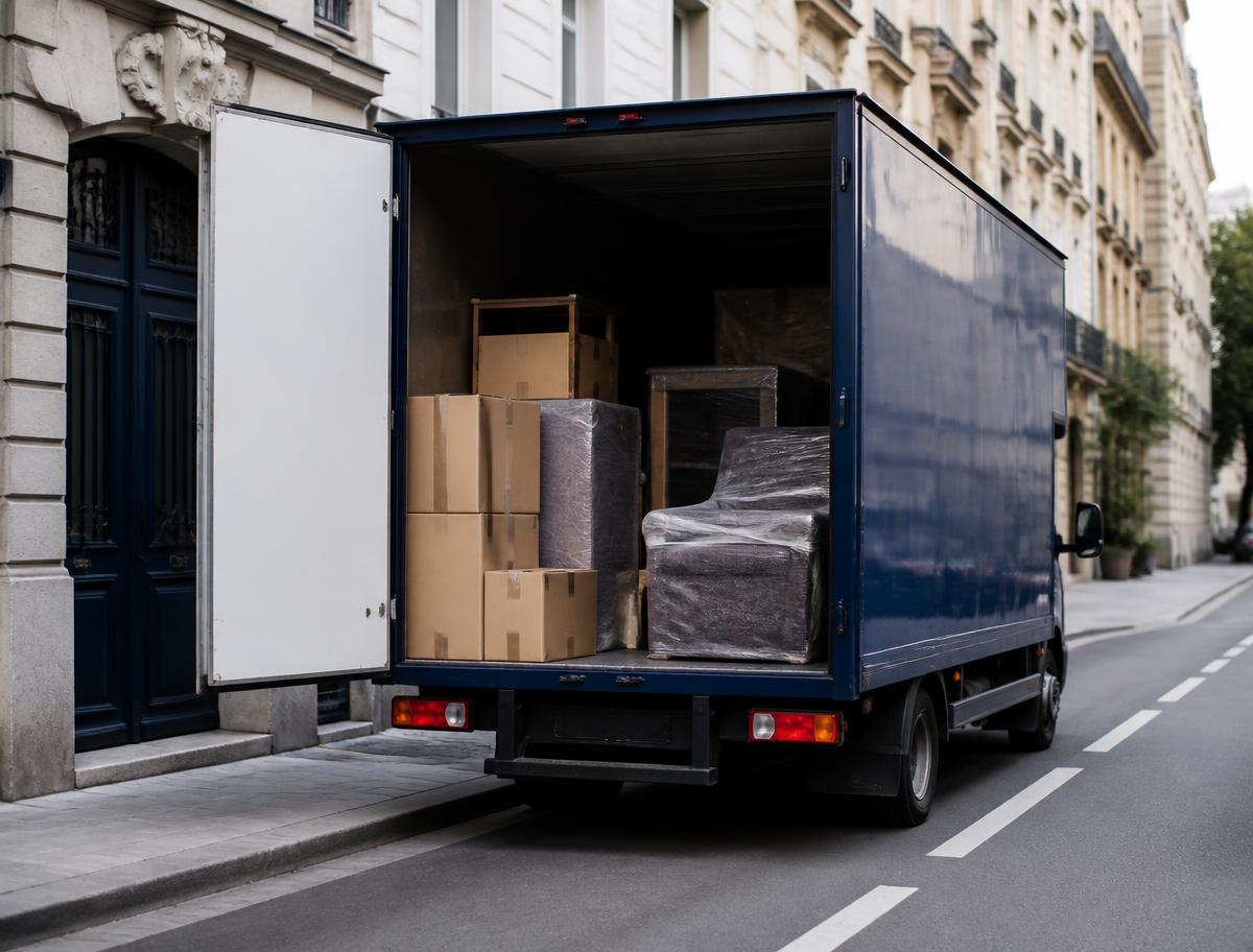 Camion de déménagement portes ouvertes chargé de cartons et de meubles protégés